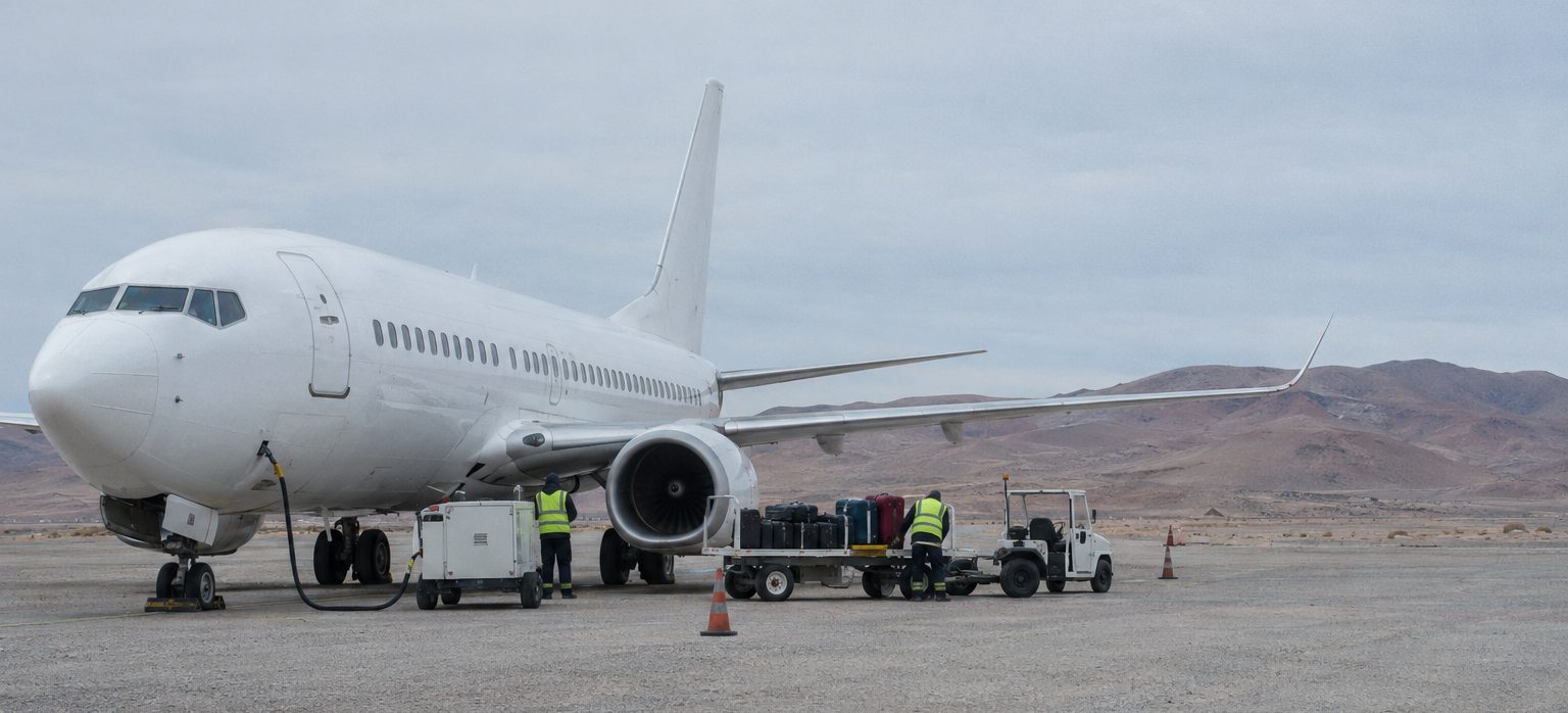 Avión de pasajeros sin distintivos detenido en losa, con la cuadrilla cargando equipaje junto a cerros desérticos.